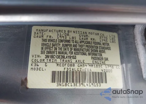 2009 Nissan Versa 1.8Sl из США, поврежденный, VIN 3N1BC13E39L419153